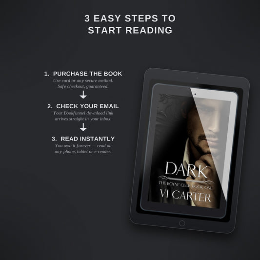 Digital book on a tablet with text on how to start reading 'Dark' by Vi Carter.