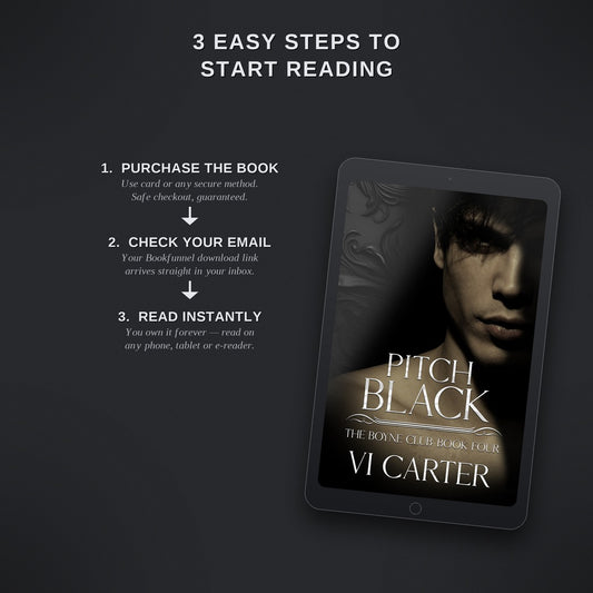 Promotional graphic for 'Pitch Black' by Vi Carter with steps to start reading on a dark background.