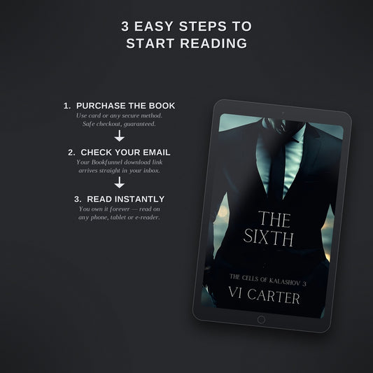 Promotional graphic for 'The Sixth' by Vi Carter, showing a tablet with the book cover and steps to start reading.