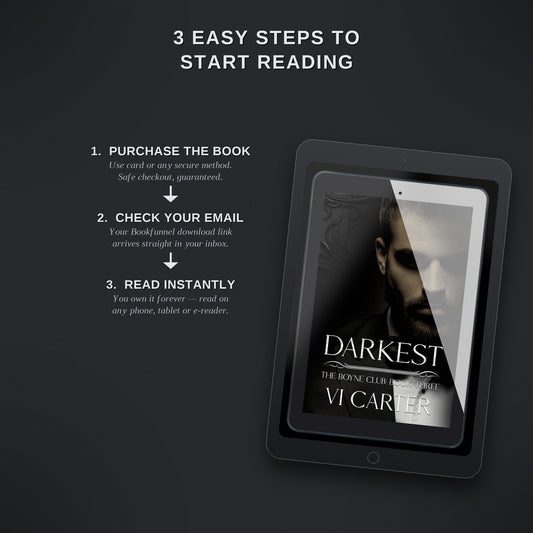 Digital book on a tablet with instructions for purchasing and reading a book on a dark background