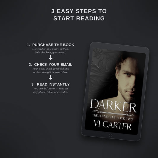Promotional graphic for 'Darker' by Vi Carter on a tablet screen with text on a dark background.