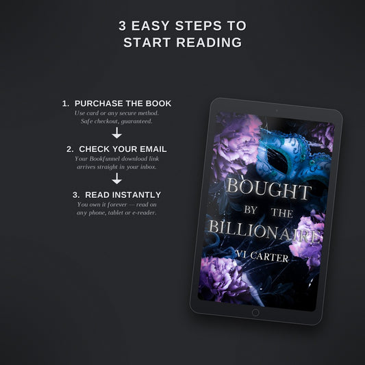 Ebook on a tablet with 'Bought by the Billionaire' book cover and steps to start reading.