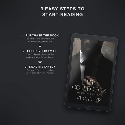 Digital book cover of 'The Collector' by VI Carter on a tablet with text on how to start reading.