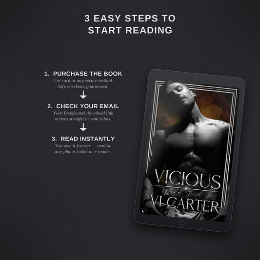 Digital book cover of 'Vicious' by VL Garter on a tablet with text on how to start reading.