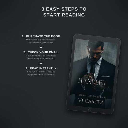 Ebook cover of 'The Handler' by Vi Carter on a tablet with text on how to start reading.