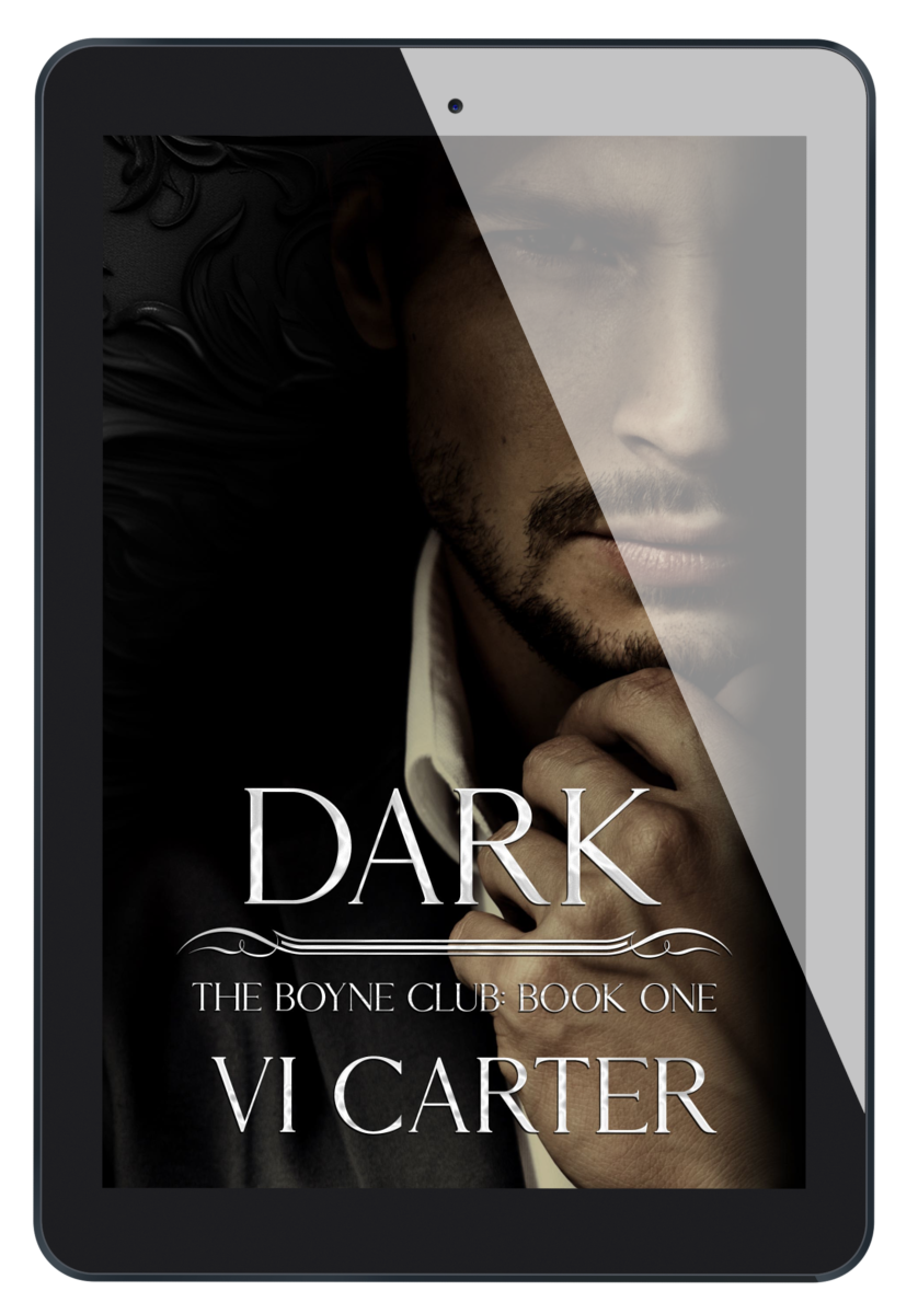E-book cover for the book titled 'DARK' by Vi Carter, showing a black and white image of a man and a woman.