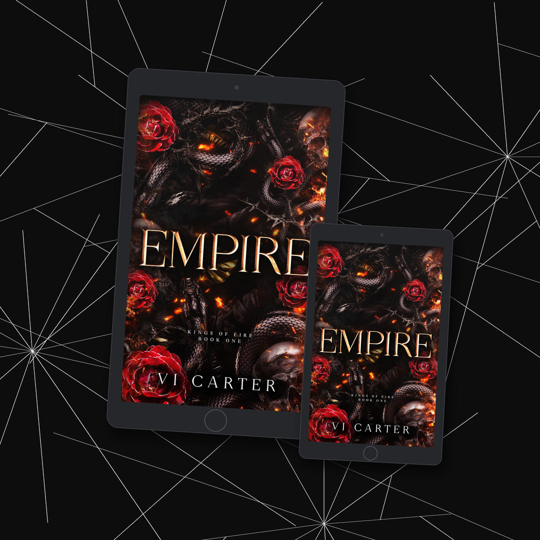 Two tablets displaying the book cover of 'Empire' by Vi Carter on a dark background with geometric patterns.