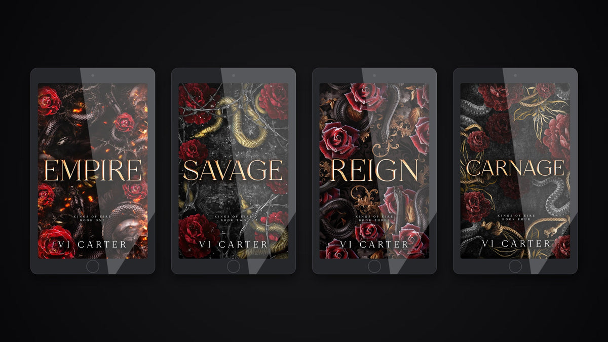 Kings of Eire bundle by Vi Carter — Empire, Savage, Reign and Carnage ebook covers displayed on four tablets