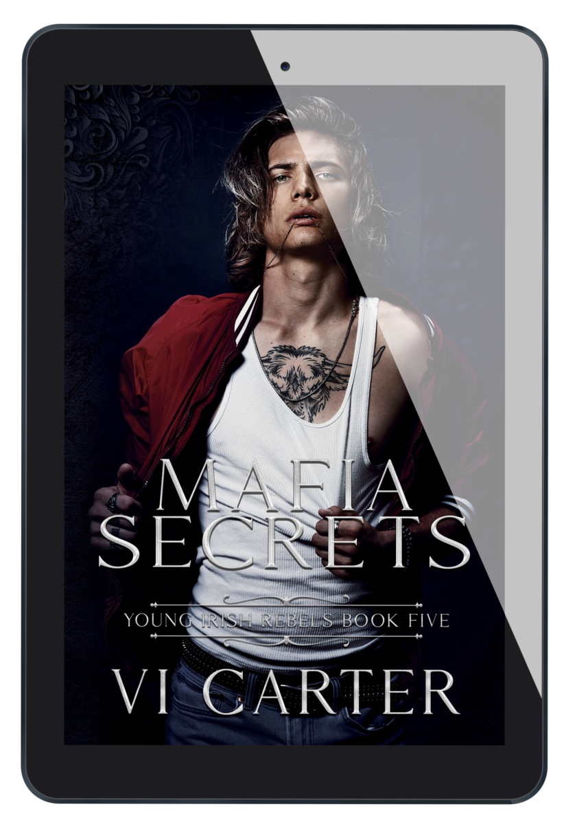 E-book cover of 'Mafia Secrets #5' featuring a man with a serious expression, wearing a red jacket and a white tank top, on a dark background.