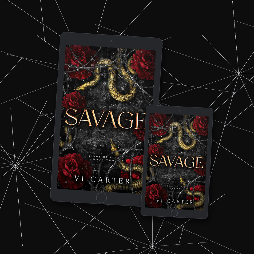 Two devices displaying the book cover of 'Savage' by Vi Carter on a dark background with spider webs.
