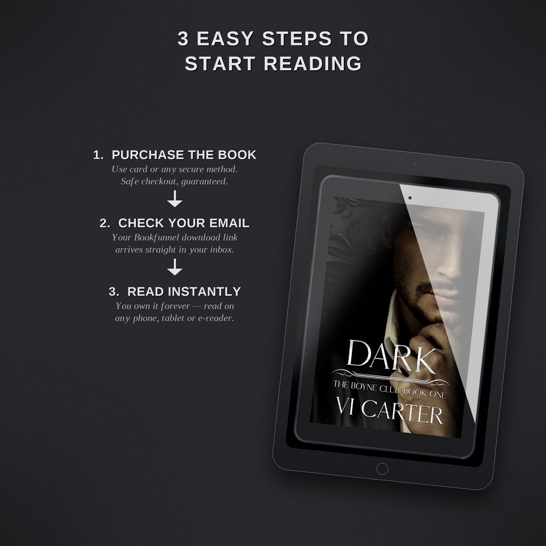 Digital book on a tablet with text on how to start reading 'Dark' by Vi Carter.
