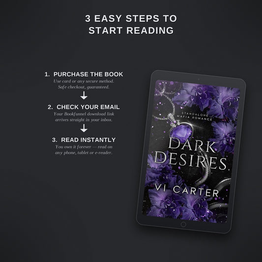 Ebook cover of 'Dark Desires' by Vi Carter on a tablet with text on how to start reading.