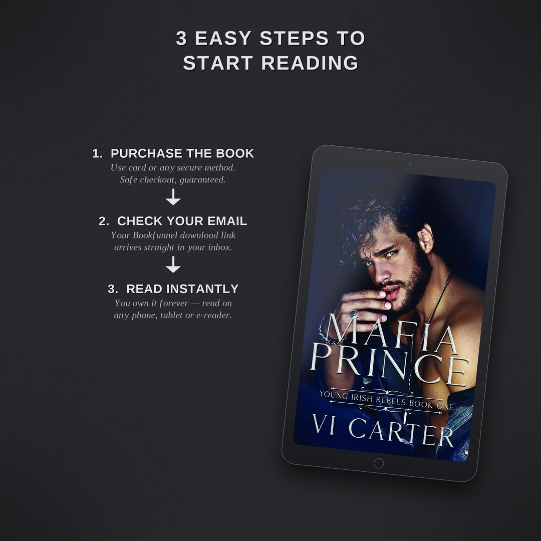 Promotional graphic for 'Mafia Prince' by Vi Carter, showing a tablet with the book cover and steps to start reading.