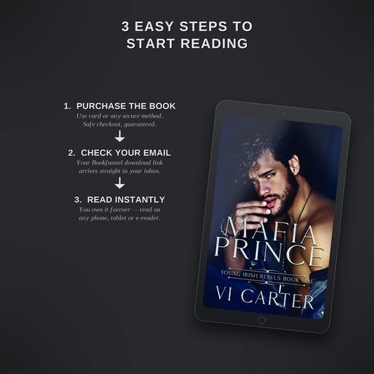 Promotional graphic for 'Mafia Prince' by Vi Carter, showing a tablet with the book cover and steps to start reading.