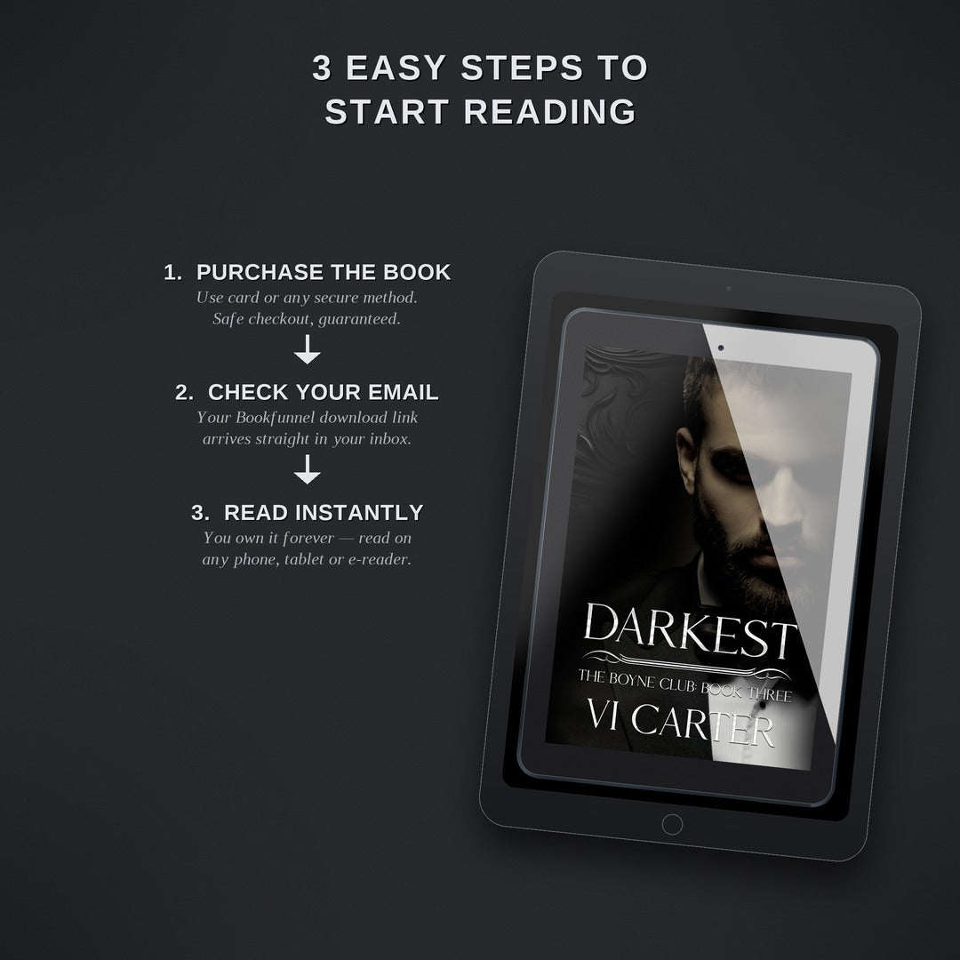 Digital book on a tablet with instructions for purchasing and reading a book on a dark background