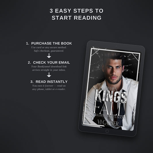Promotional graphic for 'Kings Fall' with steps to start reading on a tablet screen.