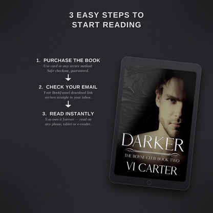 Promotional graphic for 'Darker' by Vi Carter on a tablet screen with text on a dark background.