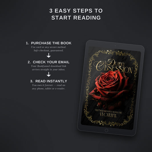Promotional graphic for 'Darkly Obsession' with steps to start reading on a tablet screen.