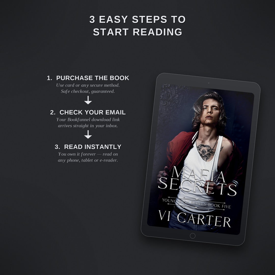 Digital book cover on a tablet with instructions for purchasing and reading a book.