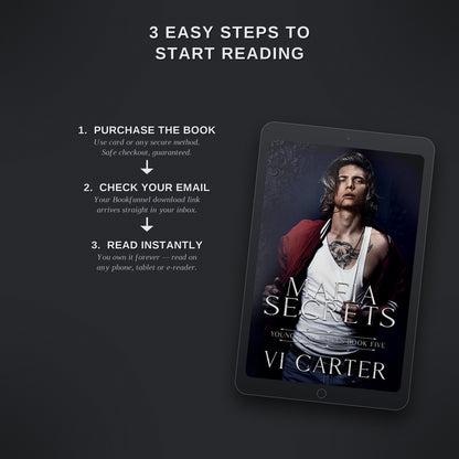Digital book cover on a tablet with instructions for purchasing and reading a book.