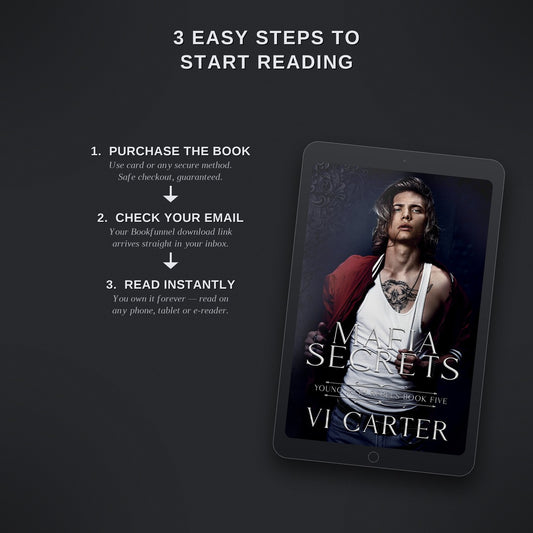 Digital book cover on a tablet with instructions for purchasing and reading a book.