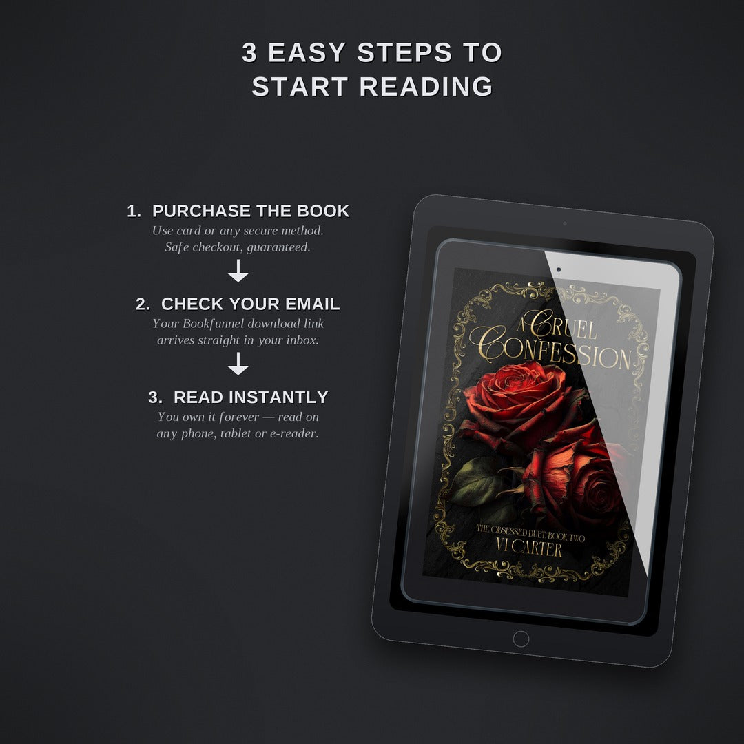 E-reader displaying 'A Cruel Confession' with steps to start reading on a dark background