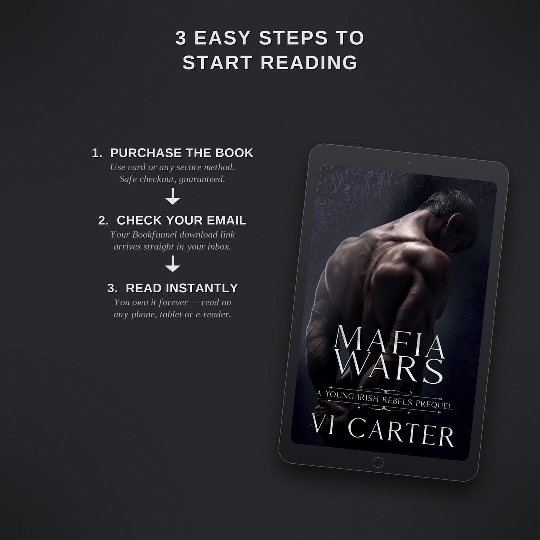 Promotional graphic for 'Mafia Wars' by VI Carter with steps to start reading on a dark background.