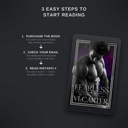 Ebook cover of 'Fearless' by V.I. Carter on a tablet with text on how to start reading.