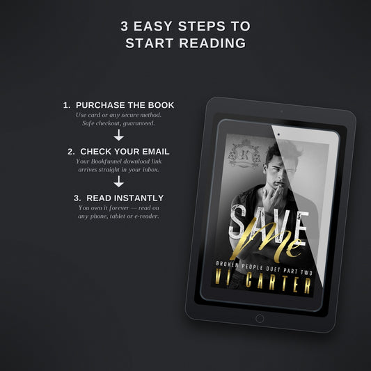 Digital book cover on a tablet with text on how to start reading the book 'Save Me' by Vi Carter.