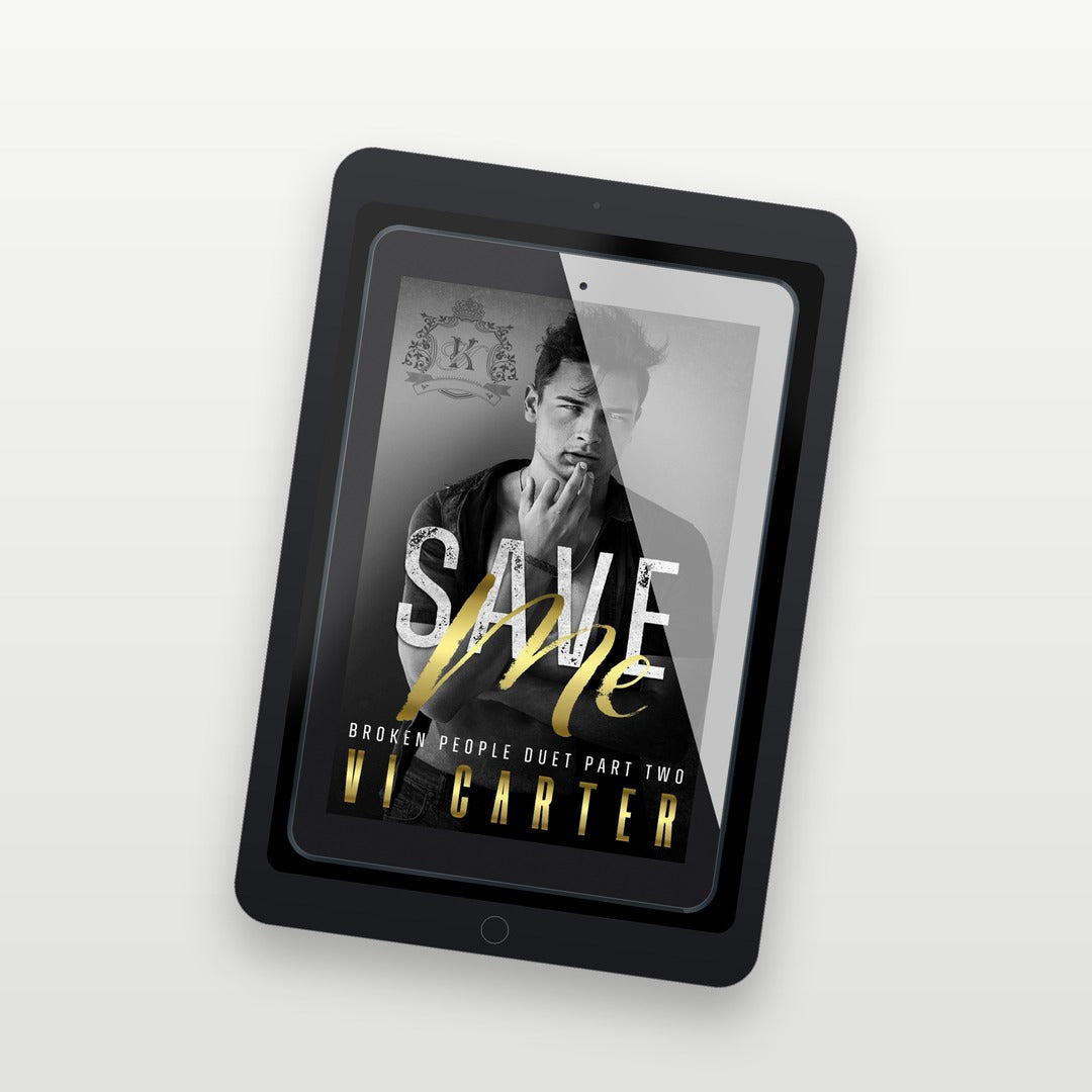E-reader displaying a book cover with a man's face and the title 'Save Me' on a white background
