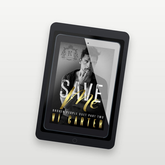E-reader displaying a book cover with a man's face and the title 'Save Me' on a white background