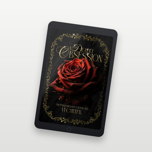 Tablet with a book cover design featuring a red rose and text on a white background