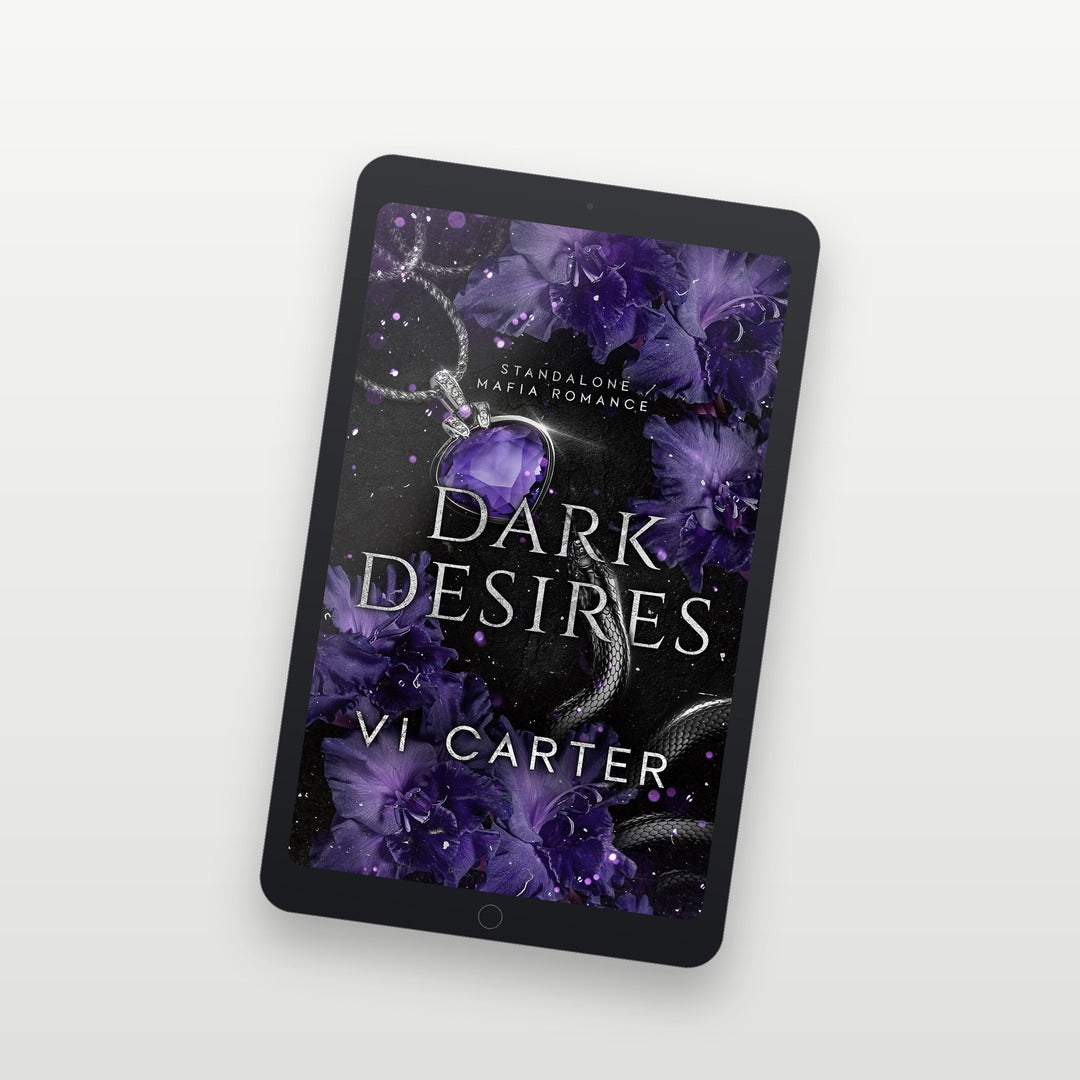Ebook cover of 'Dark Desires' by Vi Carter on a tablet with purple flowers and a snake.