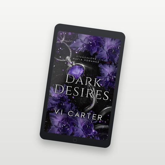 Ebook cover of 'Dark Desires' by Vi Carter on a tablet with purple flowers and a snake.