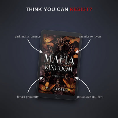 Book cover of 'Mafia Kingdom' by Vi Carter on a dark background with promotional text.