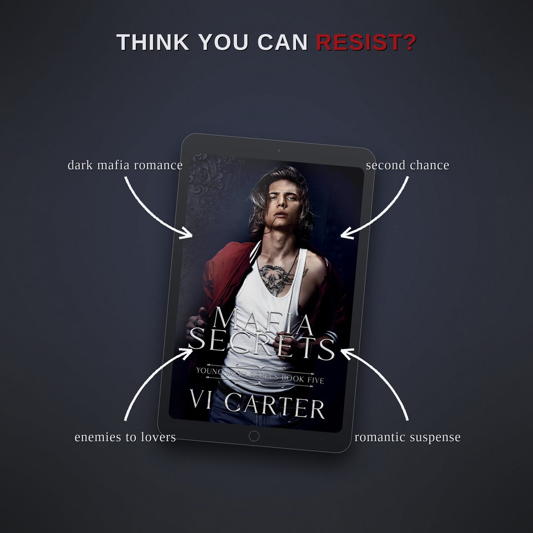 Tablet displaying a book cover titled 'Mafia Secrets' with promotional text on a dark background