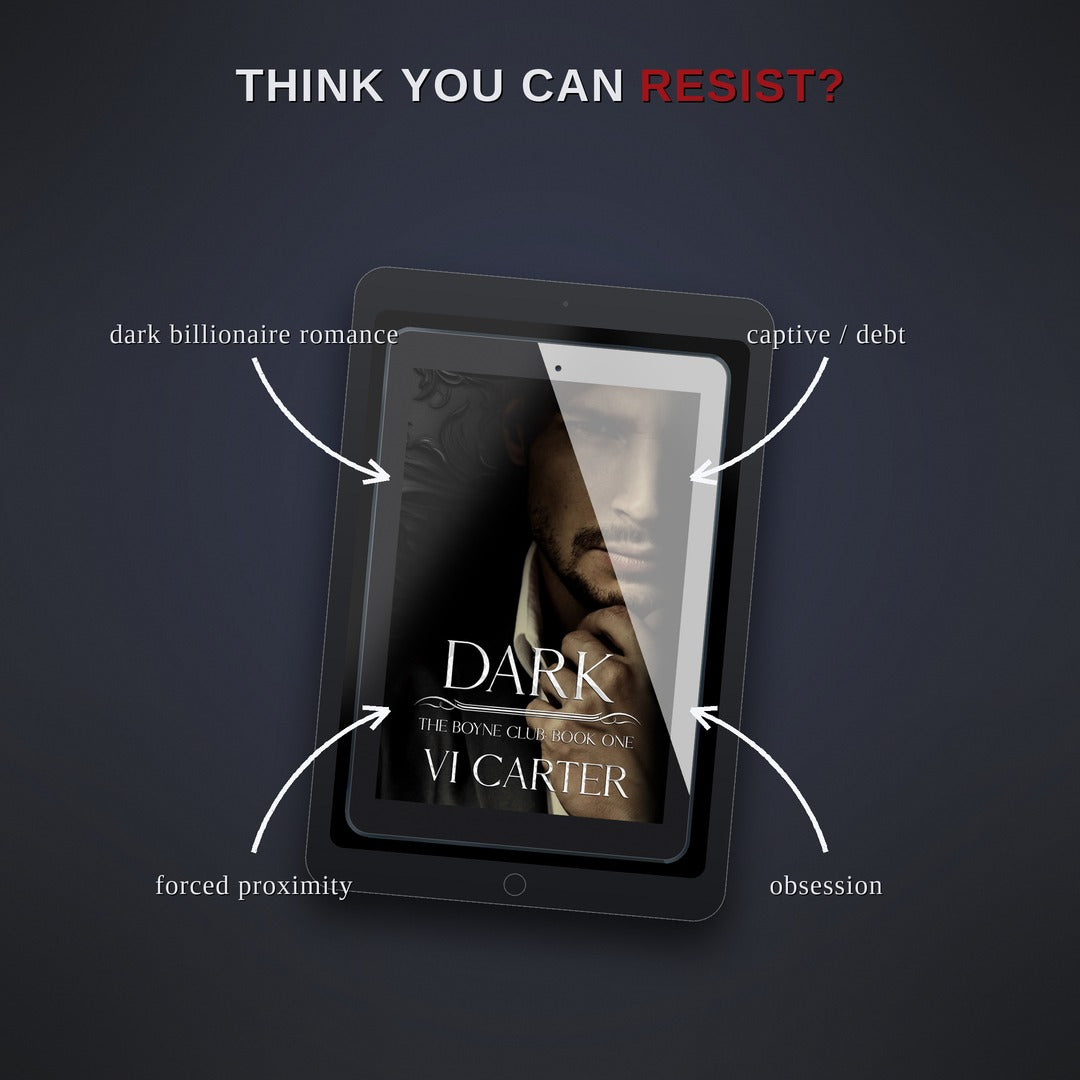 E-reader displaying a book cover with text describing themes on a dark background