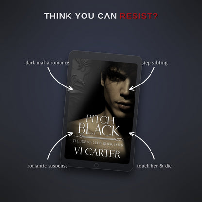Promotional graphic for 'Pitch Black' by Vi Carter on a dark background with text.