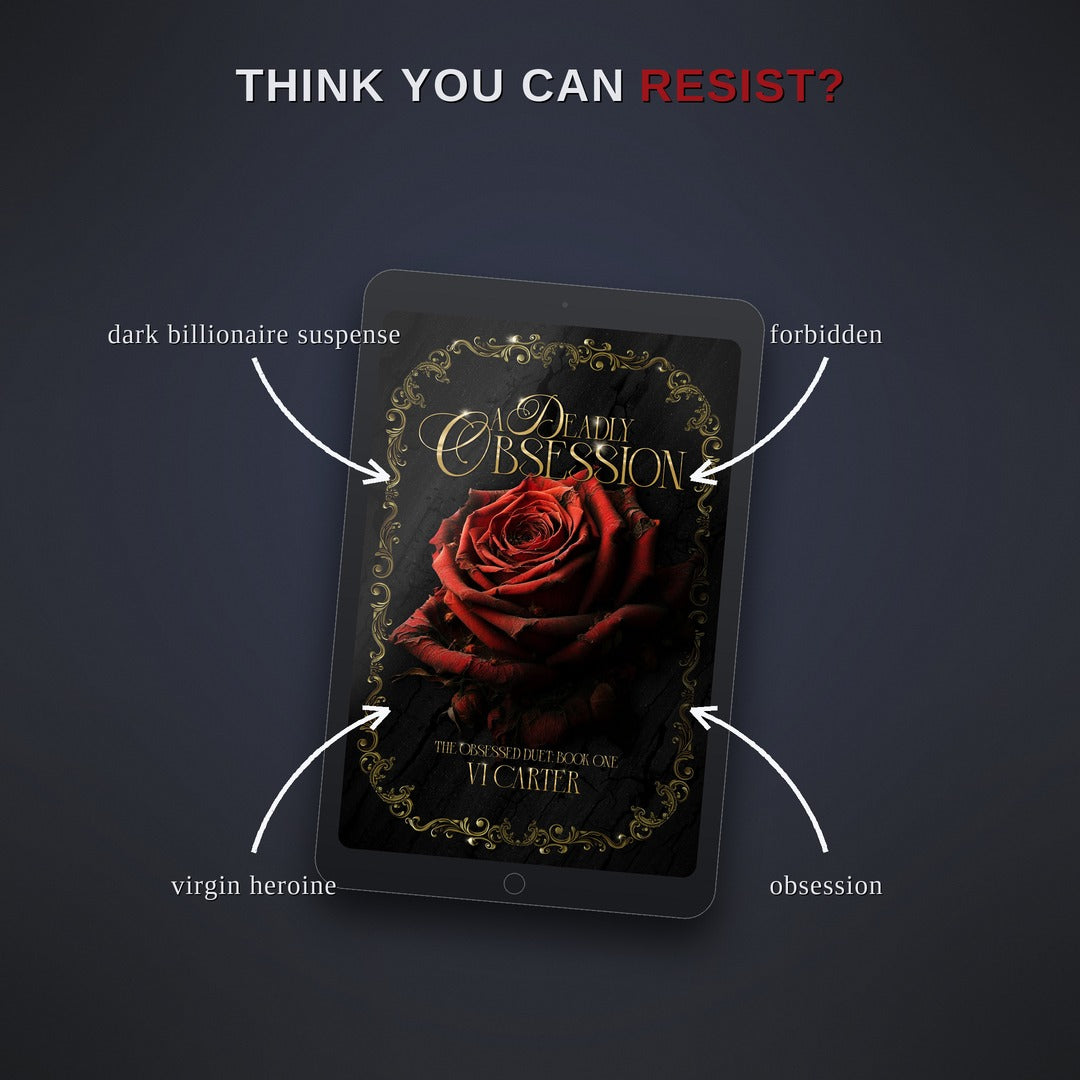 Book cover of 'Deadly Obsession' displayed on a tablet with thematic descriptors.