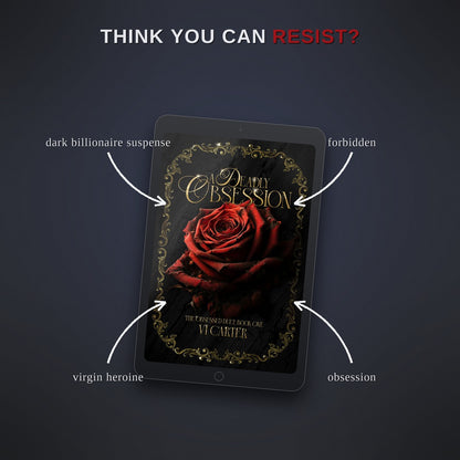 Book cover of 'Deadly Obsession' displayed on a tablet with thematic descriptors.