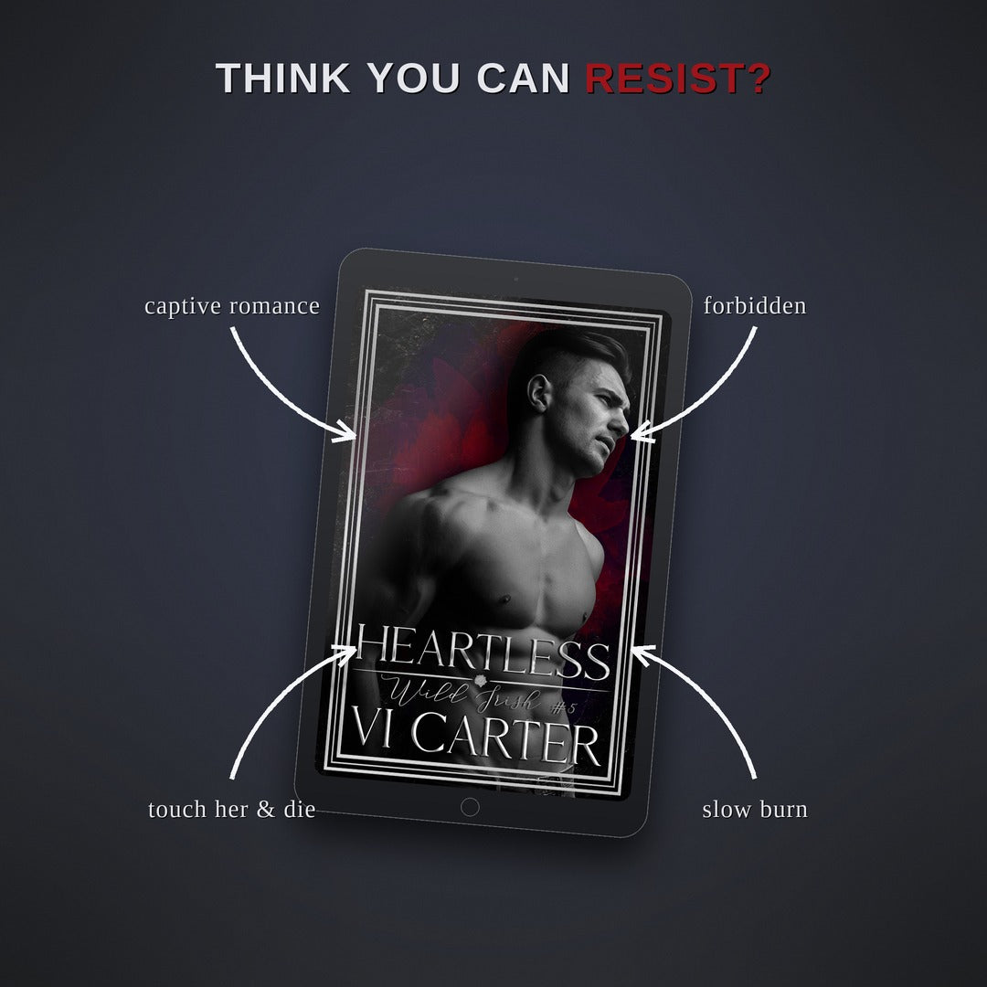 E-reader displaying a book cover with a man's face, surrounded by romantic and intense keywords on a dark background.