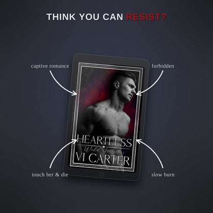 E-reader displaying a book cover with a man's face, surrounded by romantic and intense keywords on a dark background.