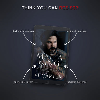 Ebook cover of 'Mafia King' by Vi Carter on a tablet with descriptive text on a dark background