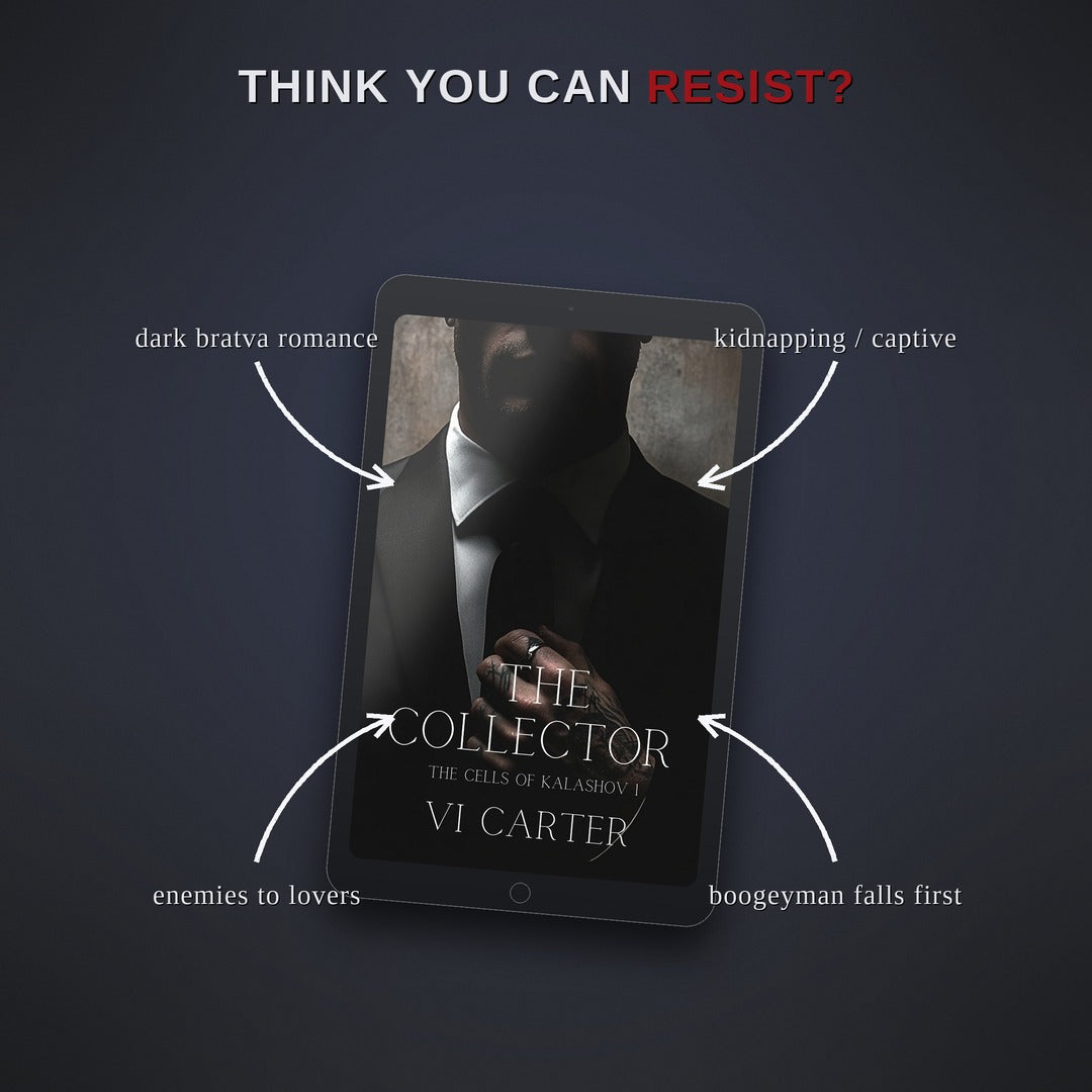 Ebook cover of 'The Collector' by VI Carter on a tablet with descriptive text on a dark background