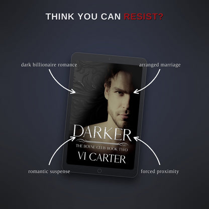 Ebook cover of 'Darker' by Vi Carter with a dark background and text about themes.