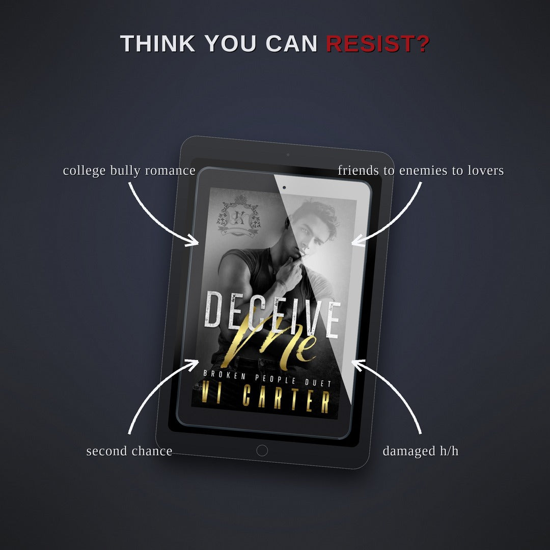 Ebook cover of 'Deceive Me' on a tablet with promotional text on a dark background