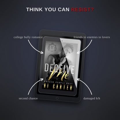 Ebook cover of 'Deceive Me' on a tablet with promotional text on a dark background