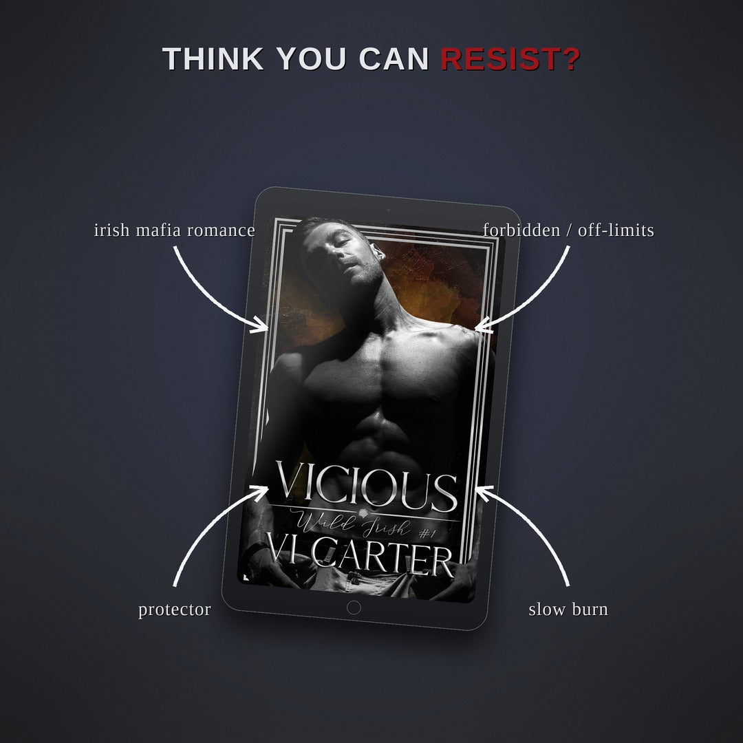 Ebook cover of 'Vicious' by Vi Carter on a tablet with descriptive text on a dark background