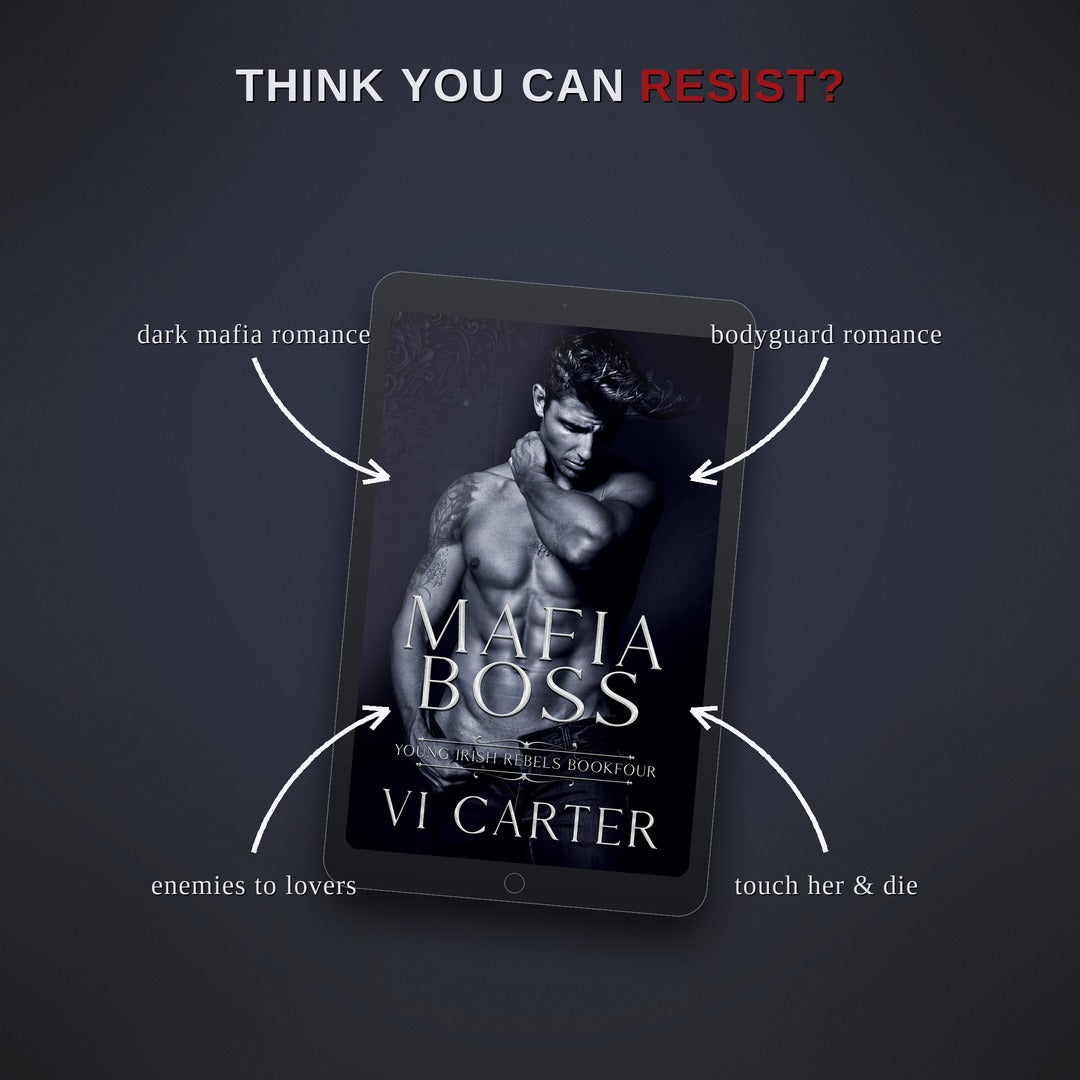 Ebook cover of 'Mafia Boss' by Vi Carter on a dark background with text about romance genres.
