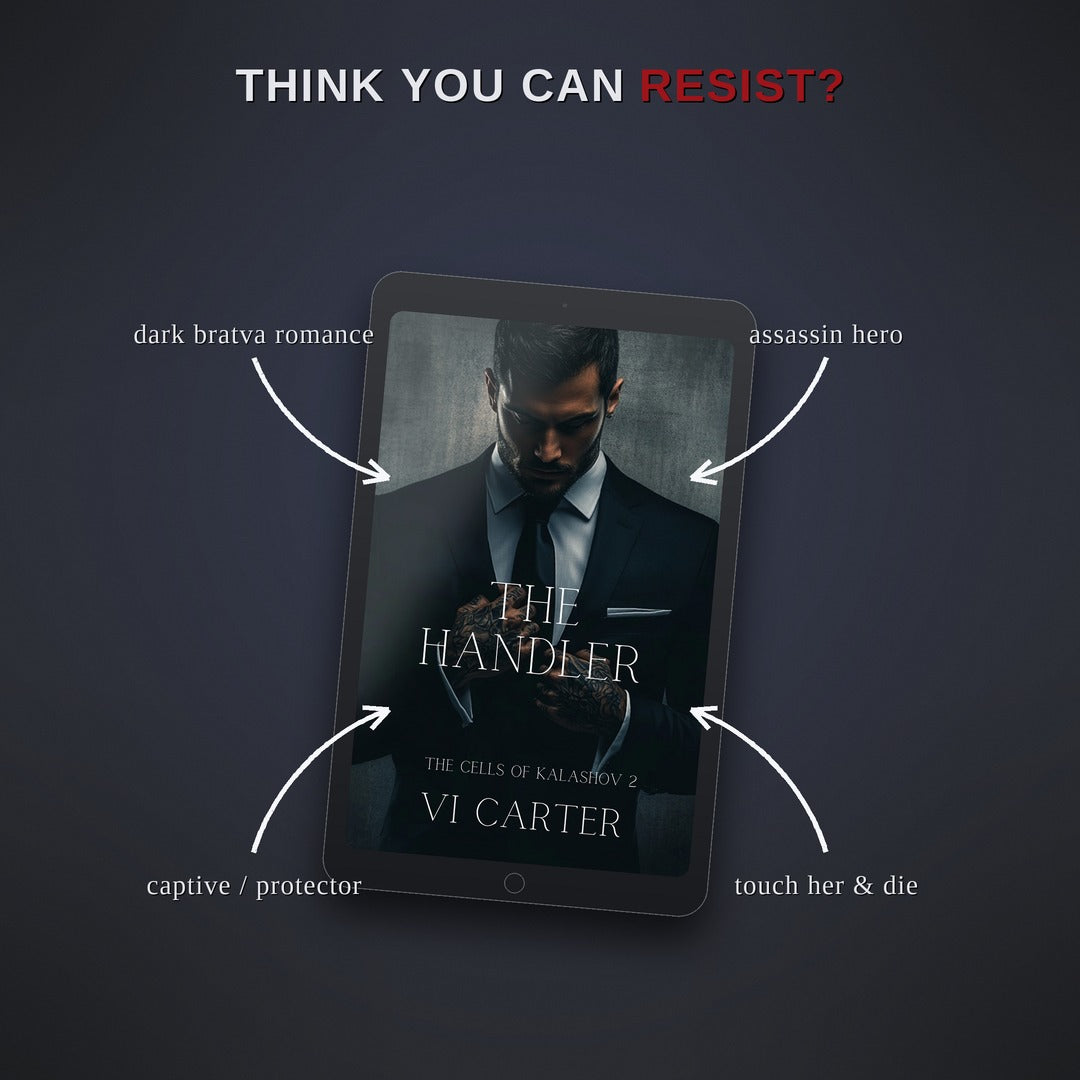 Ebook cover of 'The Handler' by Vi Carter on a tablet with promotional text on a dark background